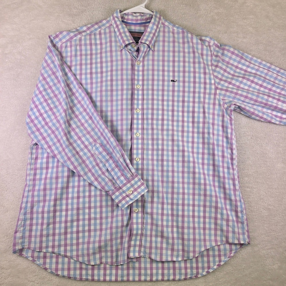Vineyard Vines Mens XL Whale Shirt Murray Check Gingham Button Down Purple Blue